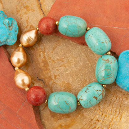 Canyon Blue Magnesite and Red Coral Golden Chunky Stretch Bracelet - Barse Jewelry
