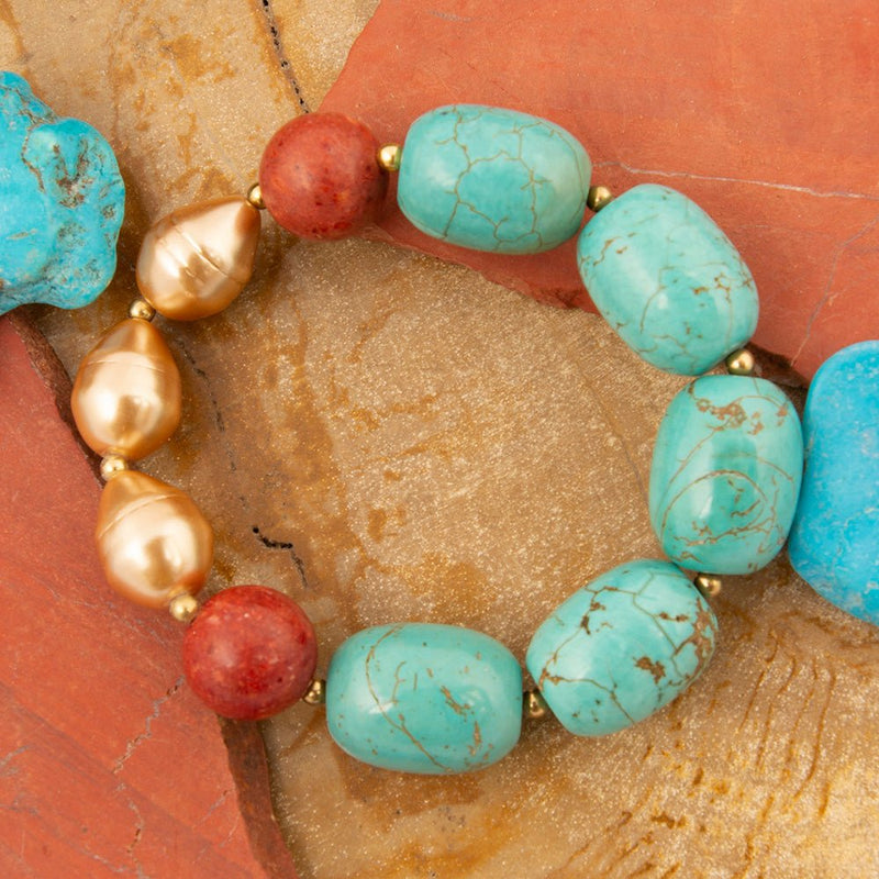 Canyon Blue Magnesite and Red Coral Golden Chunky Stretch Bracelet - Barse Jewelry