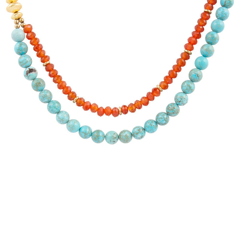 Canyon Blue Turquoise and Orange Carnelian Long Golden Necklace - Barse Jewelry