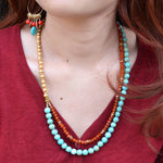 Canyon Blue Turquoise and Orange Carnelian Long Golden Necklace - Barse Jewelry