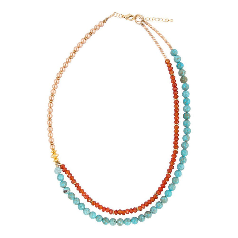 Canyon Blue Turquoise and Orange Carnelian Long Golden Necklace - Barse Jewelry