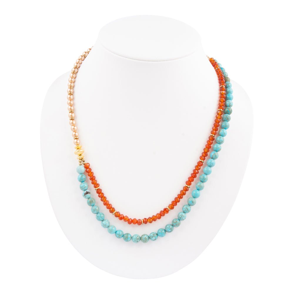 Canyon Blue Turquoise and Orange Carnelian Long Golden Necklace - Barse Jewelry