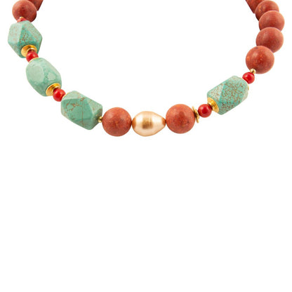 Canyon Blue Turquoise and Orange Coral Golden Chunky Necklace - Barse Jewelry