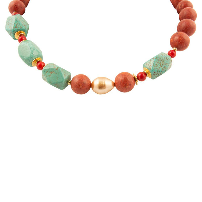 Canyon Blue Turquoise and Orange Coral Golden Chunky Necklace - Barse Jewelry
