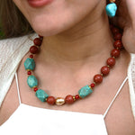 Canyon Blue Turquoise and Orange Coral Golden Chunky Necklace - Barse Jewelry