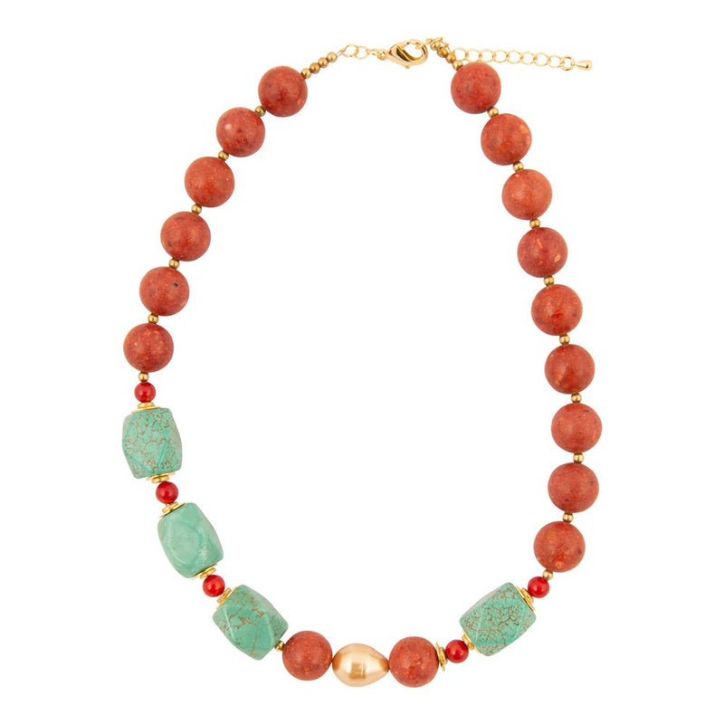 Canyon Blue Turquoise and Orange Coral Golden Chunky Necklace - Barse Jewelry
