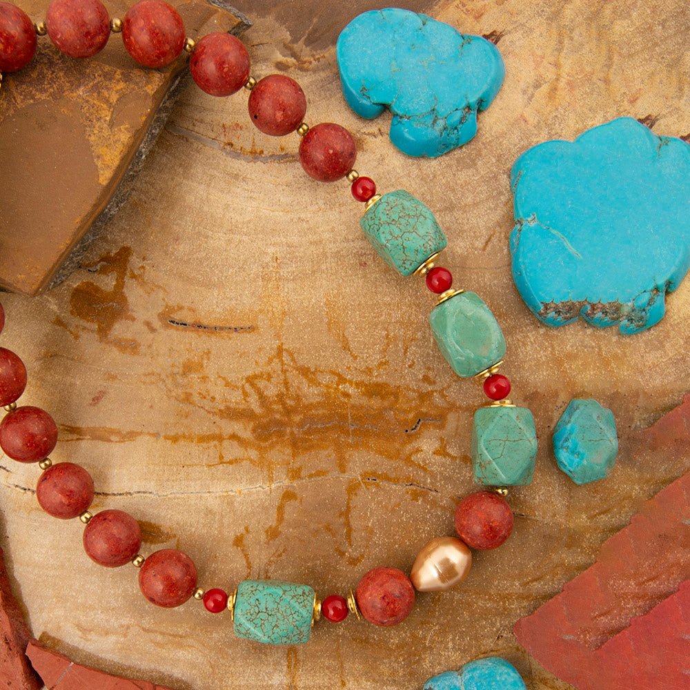 Canyon Blue Turquoise and Orange Coral Golden Chunky Necklace - Barse Jewelry