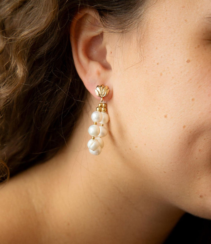 Carly White Pearl Complete Loop Golden Post Earrings - Barse Jewelry