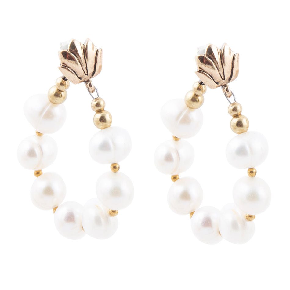 Carly White Pearl Complete Loop Golden Post Earrings - Barse Jewelry
