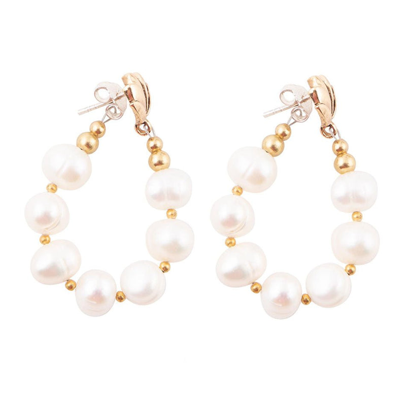Carly White Pearl Complete Loop Golden Post Earrings - Barse Jewelry