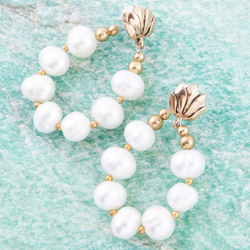 Carly White Pearl Complete Loop Golden Post Earrings - Barse Jewelry