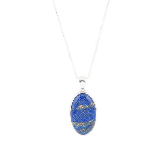 Carved Blue Lapis Sterling Silver Pendant Necklace