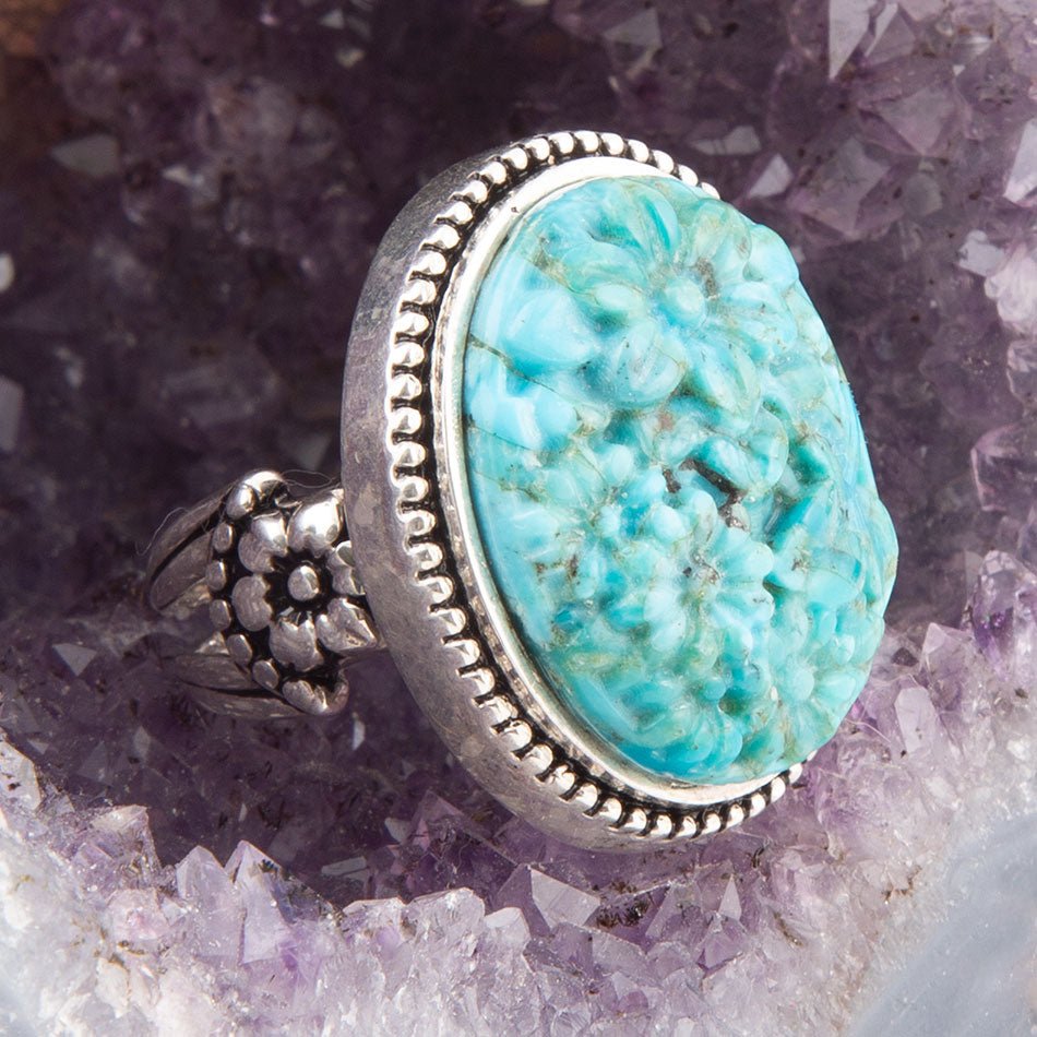 Carved Blue Turquoise and Sterling Silver Cocktail Ring - Barse Jewelry