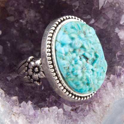 Carved Blue Turquoise and Sterling Silver Cocktail Ring - Barse Jewelry