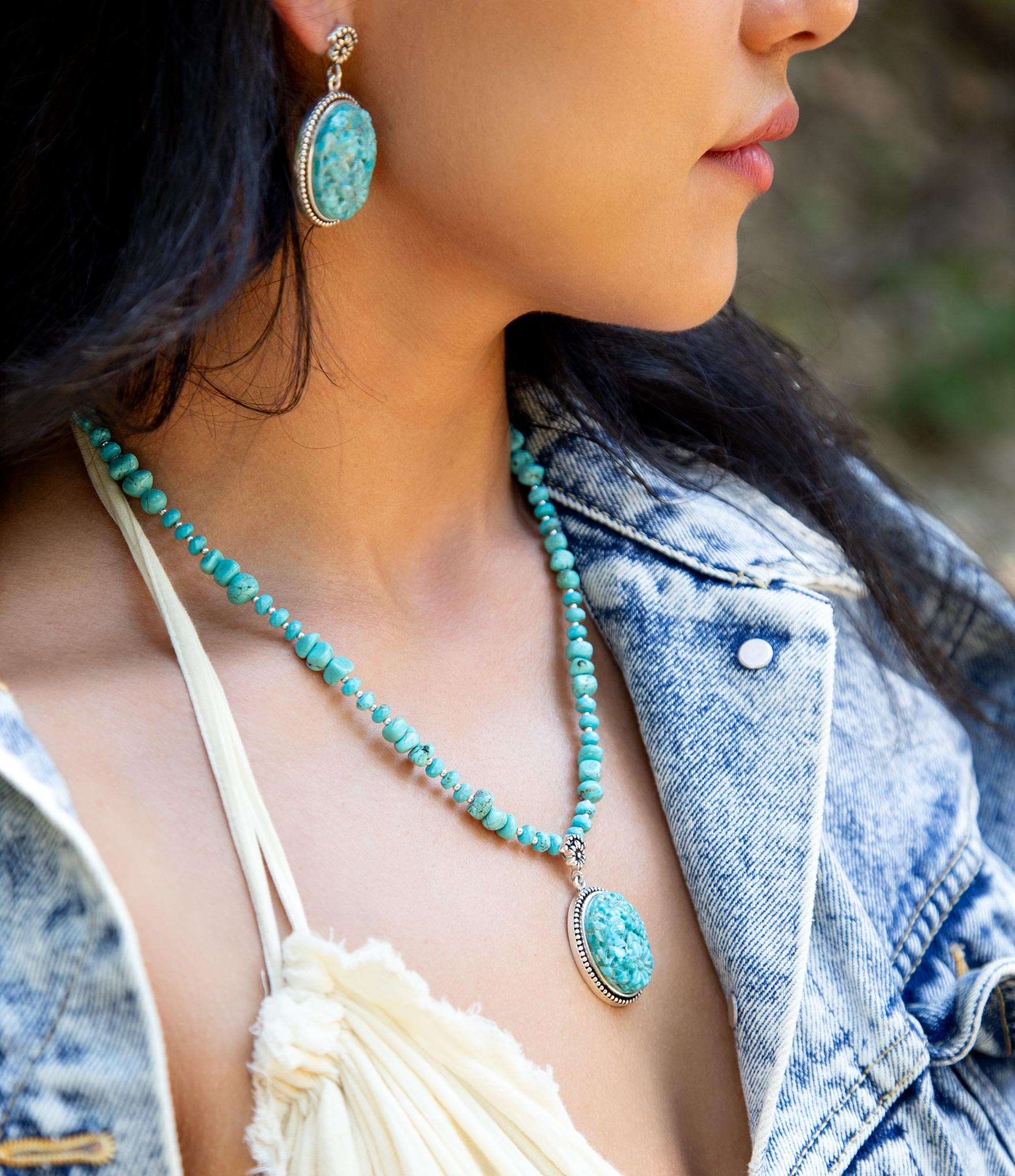 Carved Blue Turquoise and Sterling Silver Pendant - Barse Jewelry
