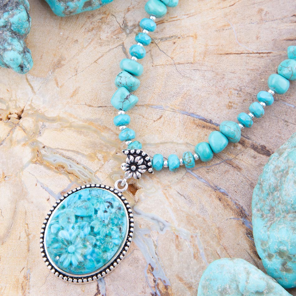 Carved Blue Turquoise and Sterling Silver Pendant - Barse Jewelry