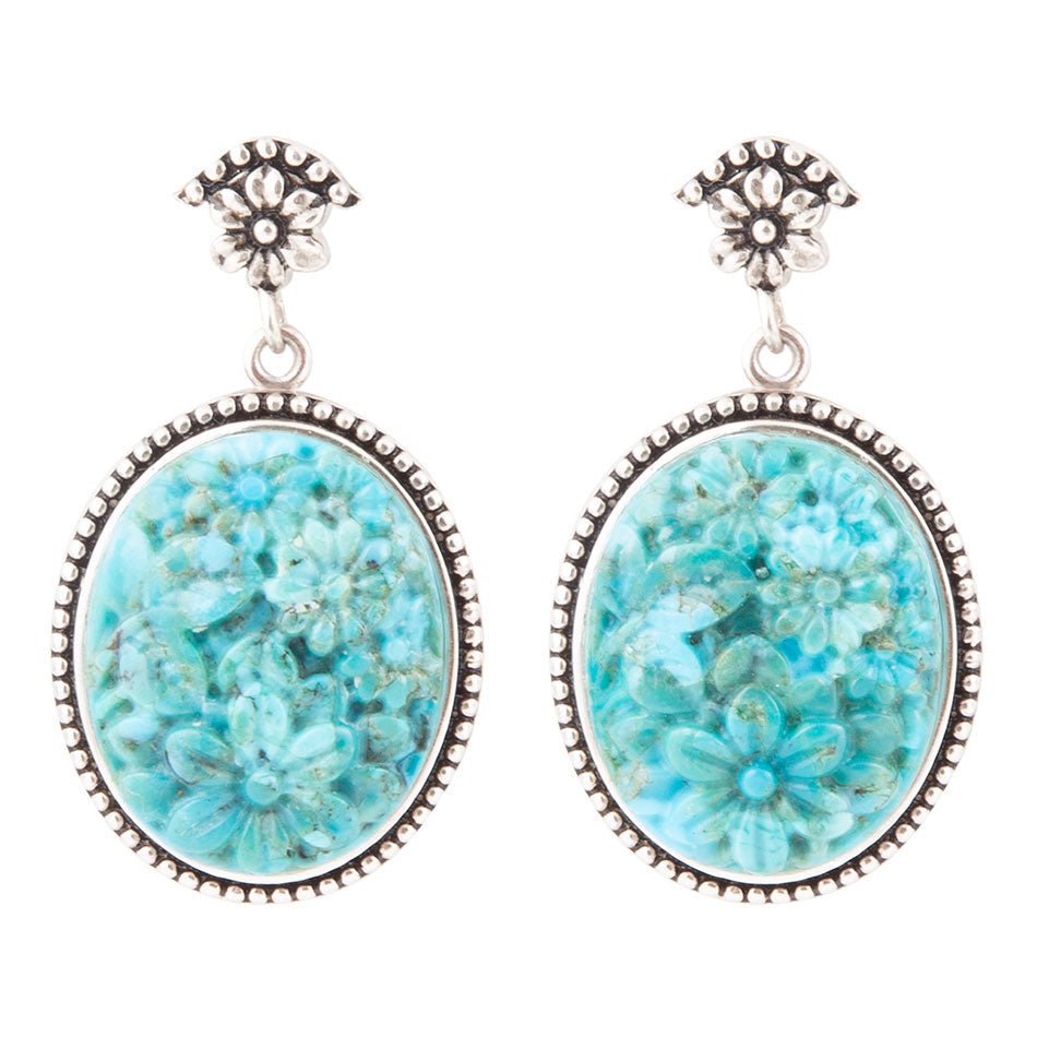 Carved Blue Turquoise Sterling Silver Drop Earrings - Barse Jewelry