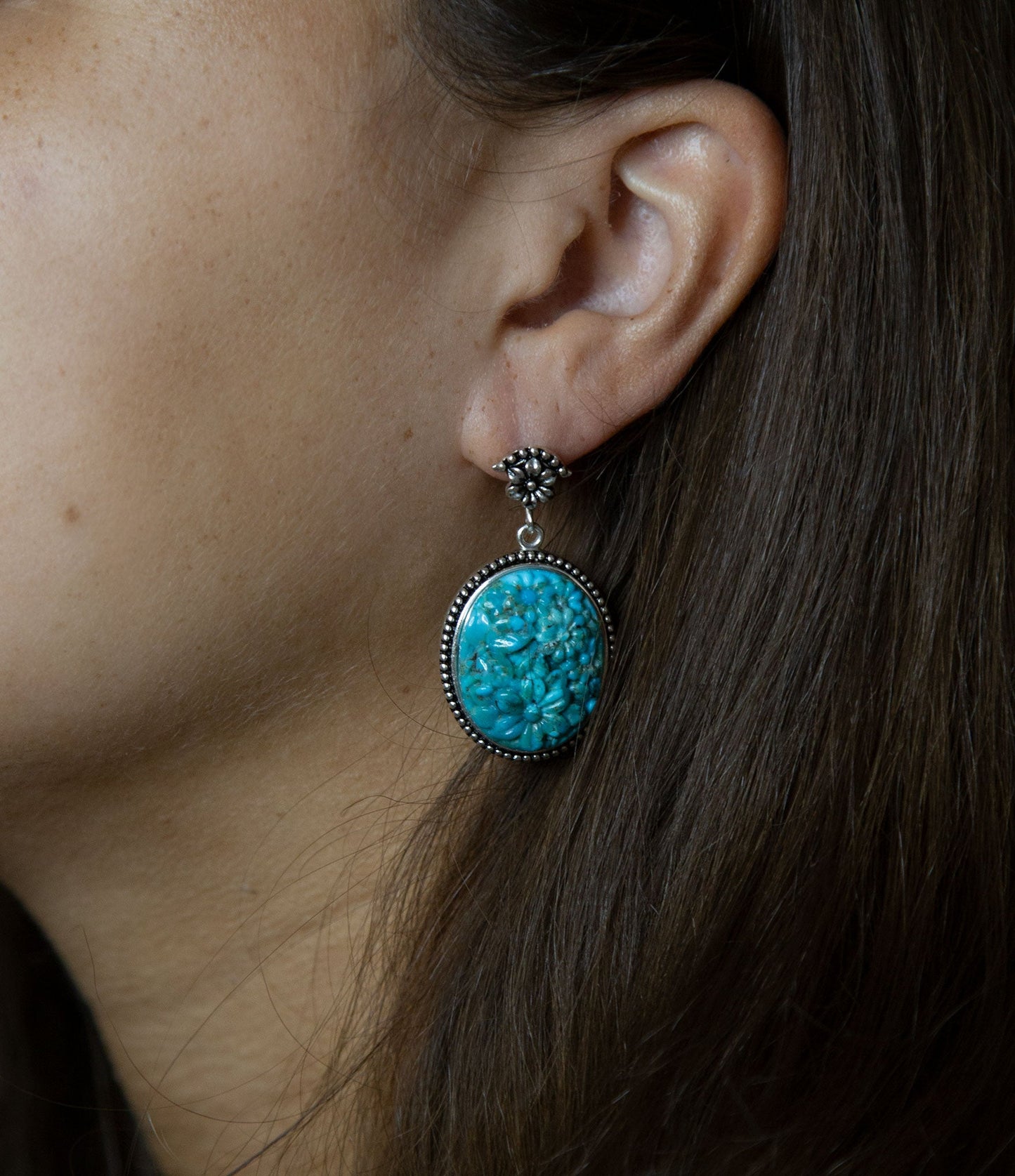 Carved Blue Turquoise Sterling Silver Drop Earrings - Barse Jewelry