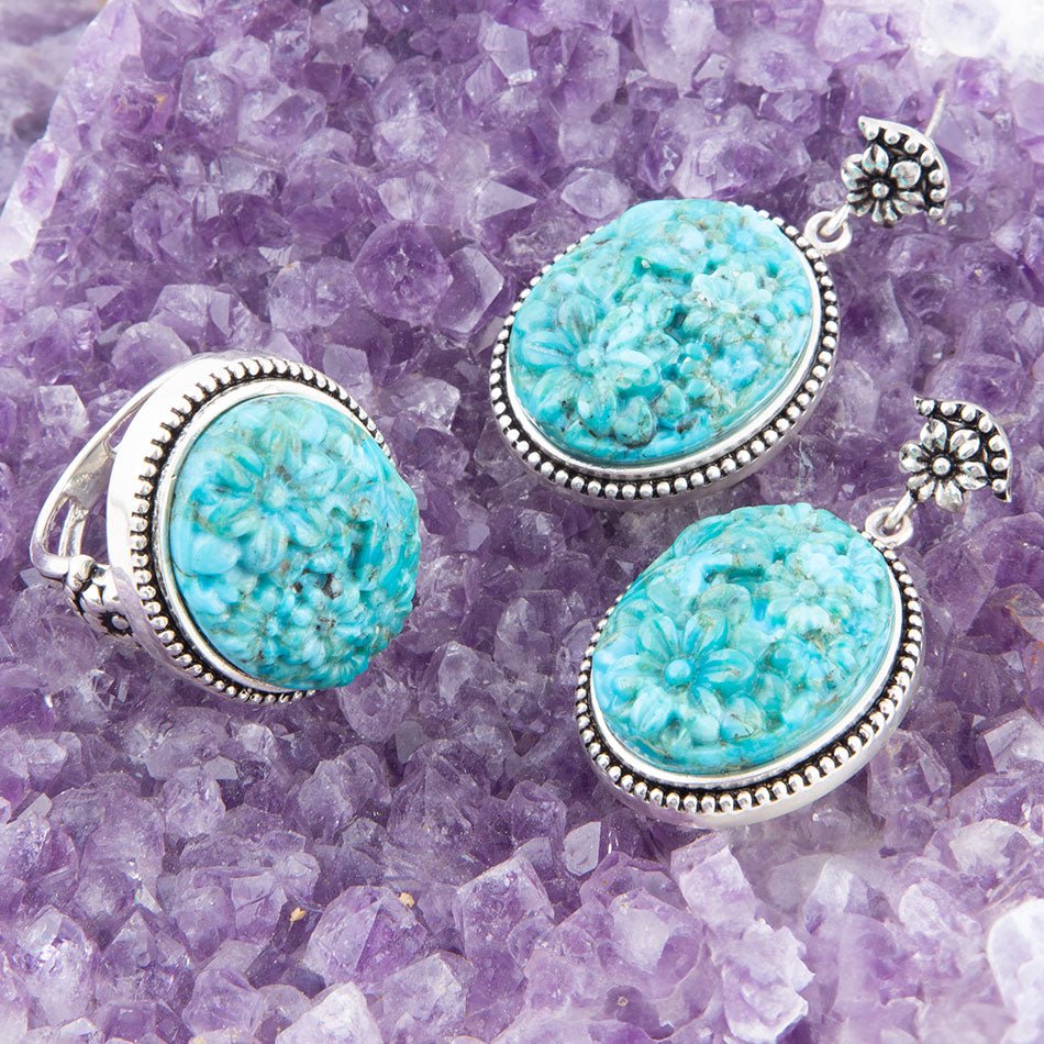 Carved Blue Turquoise Sterling Silver Drop Earrings - Barse Jewelry
