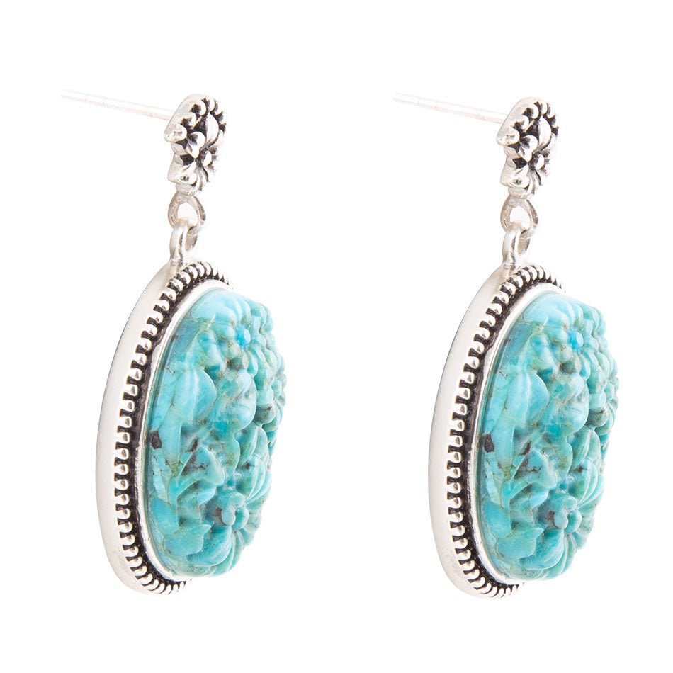 Carved Blue Turquoise Sterling Silver Drop Earrings - Barse Jewelry