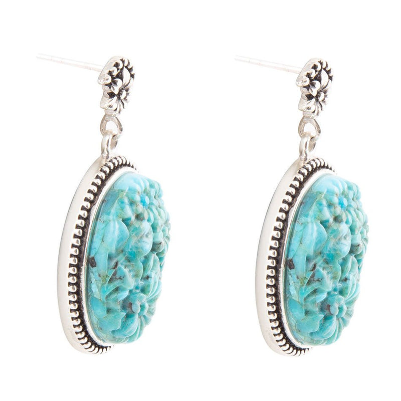 Carved Blue Turquoise Sterling Silver Drop Earrings - Barse Jewelry
