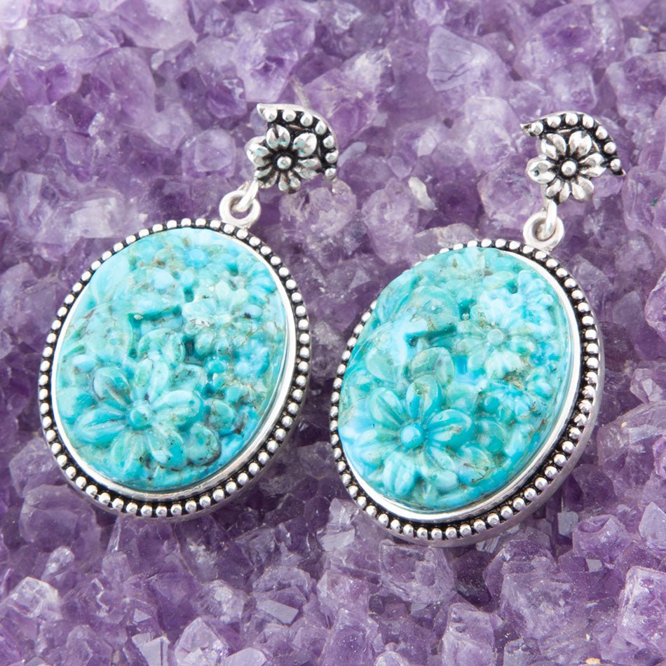 Carved Blue Turquoise Sterling Silver Drop Earrings - Barse Jewelry
