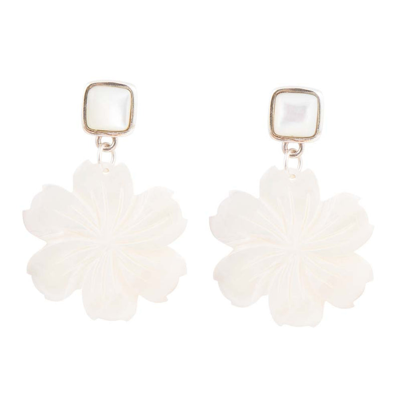 Carved White Mother of Pearl Flower Sterling Silver Statement Earrings - Barse Jewelry