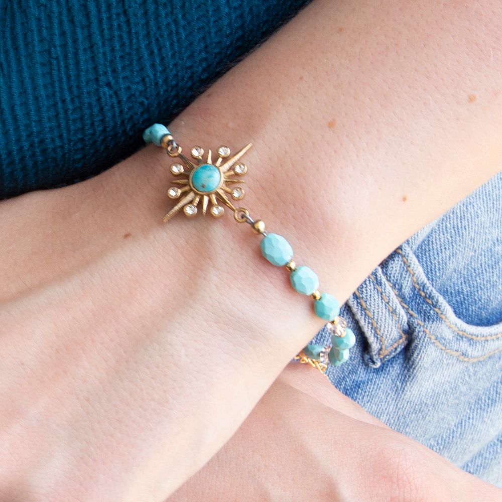 Celestial Blue Turquoise Golden Beaded Bracelet - Barse Jewelry