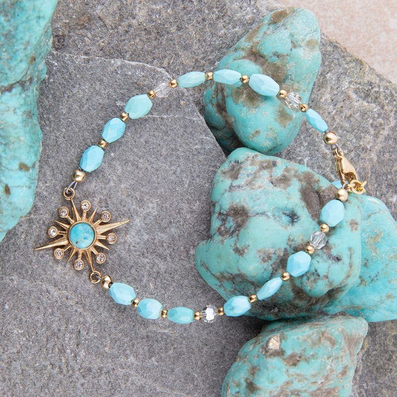 Celestial Blue Turquoise Golden Beaded Bracelet - Barse Jewelry