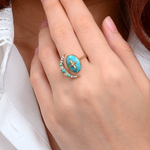 Celestial Blue Turquoise Golden Bypass Ring - Barse Jewelry