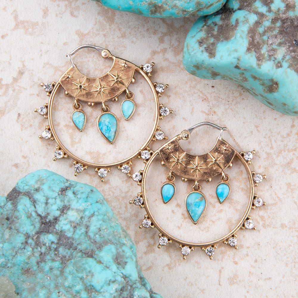 Celestial Blue Turquoise Golden Hoop Earrings - Barse Jewelry