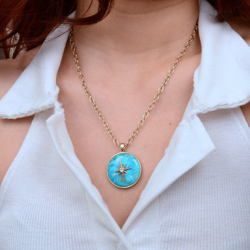 Celestial Blue Turquoise Golden Pendant Necklace - Barse Jewelry