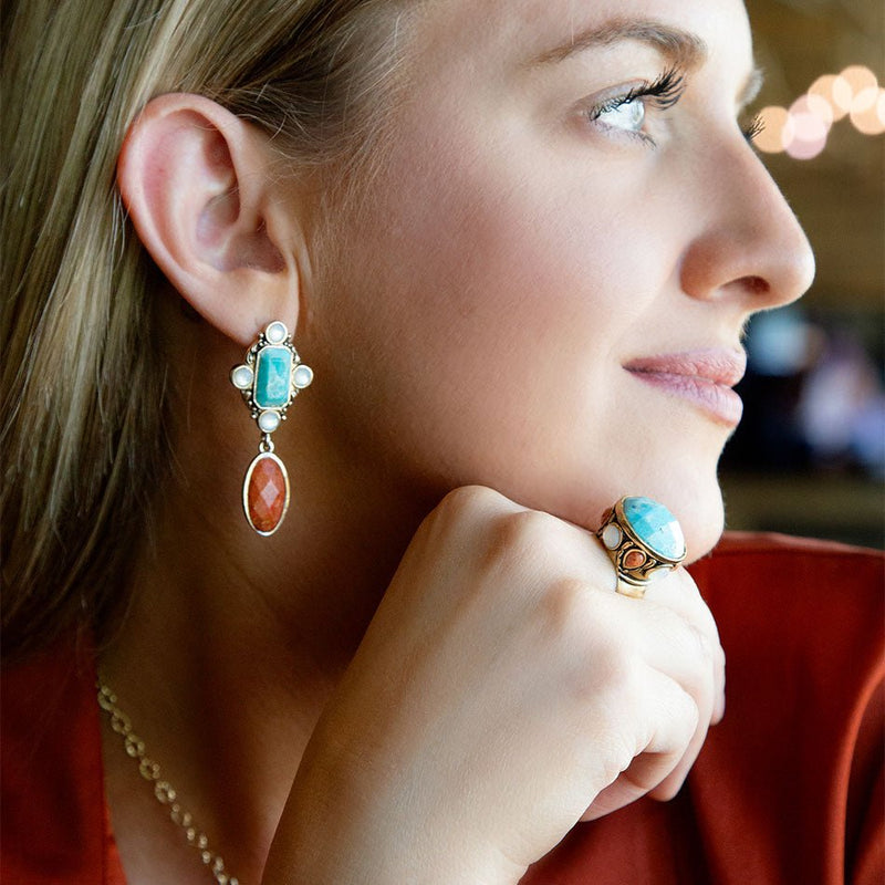 Champs Blue Turquoise and Coral Golden Statement Ring - Barse Jewelry