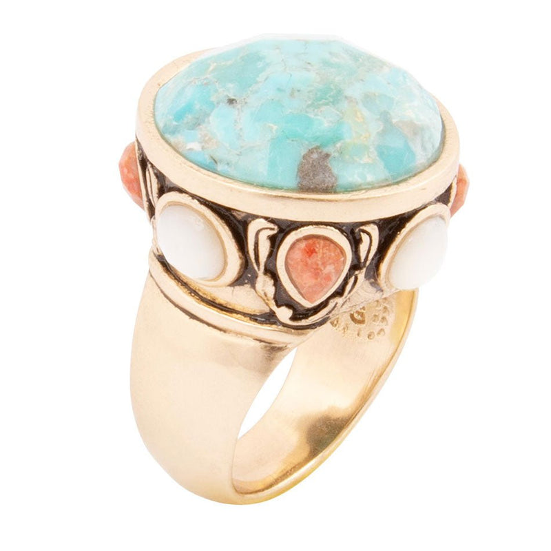 Champs Blue Turquoise and Coral Golden Statement Ring - Barse Jewelry