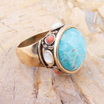 Champs Blue Turquoise and Coral Golden Statement Ring - Barse Jewelry