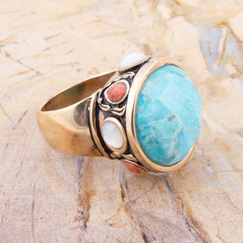 Champs Blue Turquoise and Coral Golden Statement Ring - Barse Jewelry