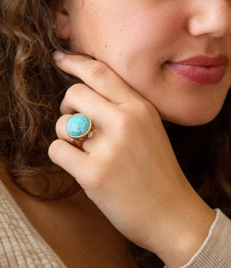 Champs Blue Turquoise and Coral Golden Statement Ring - Barse Jewelry