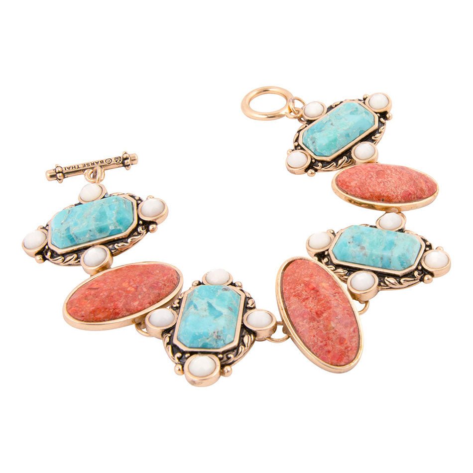 Champs Blue turquoise and Orange Coral Golden Link Bracalet - Barse Jewelry