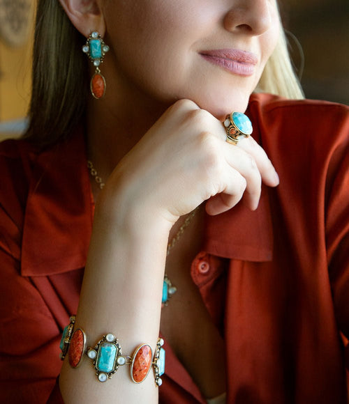 Champs Blue turquoise and Orange Coral Golden Link Bracalet - Barse Jewelry