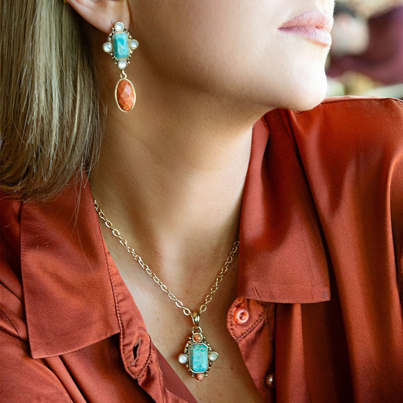 Champs Blue Turquoise and Orange Coral Golden Pendant Necklace - Barse Jewelry