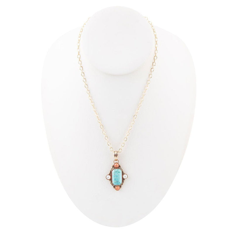 Champs Blue Turquoise and Orange Coral Golden Pendant Necklace - Barse Jewelry