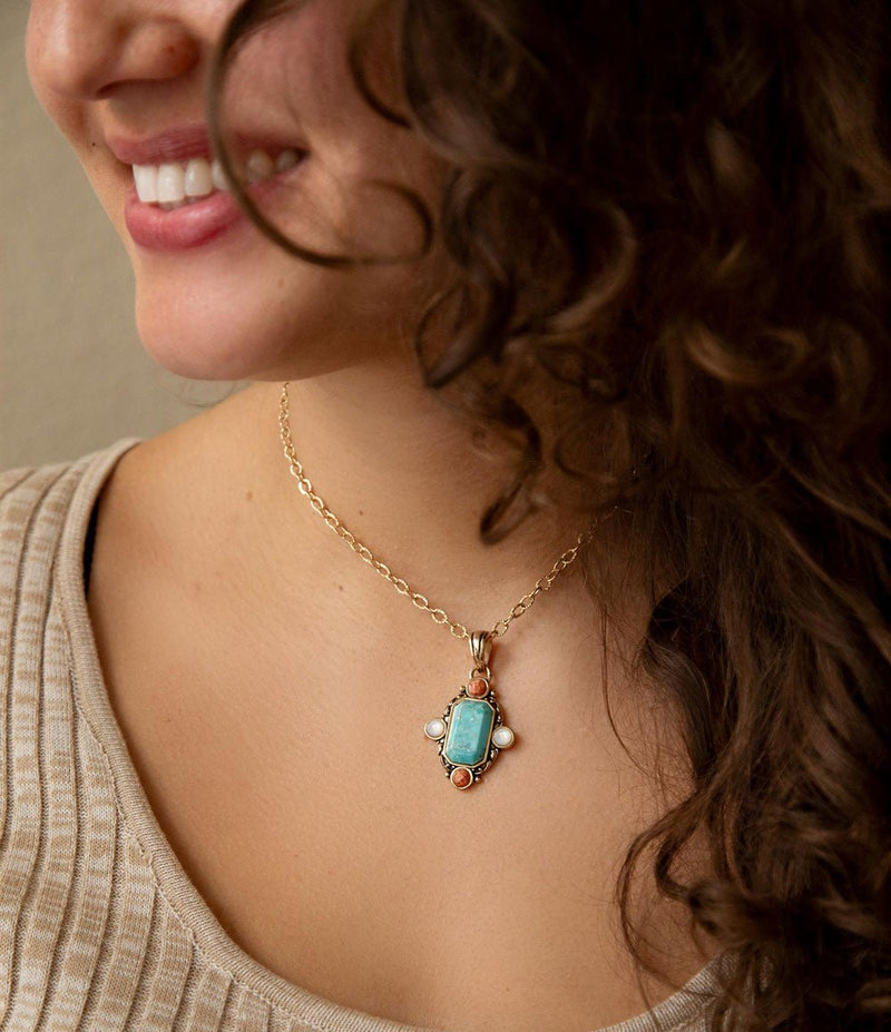 Champs Blue Turquoise and Orange Coral Golden Pendant Necklace - Barse Jewelry