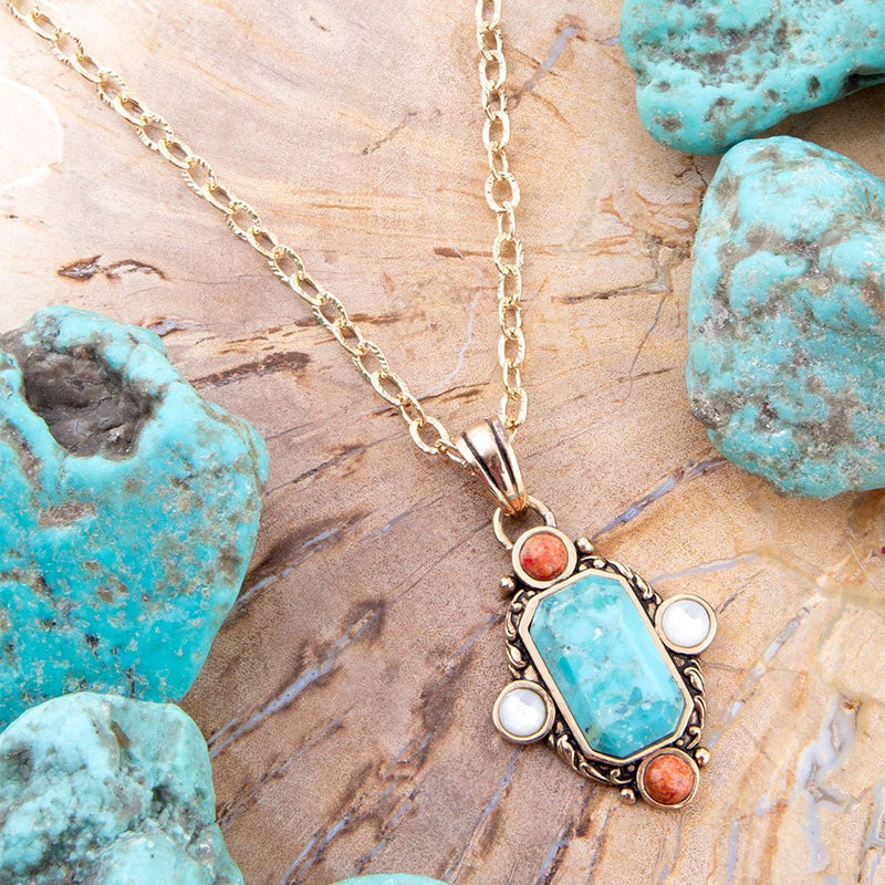 Champs Blue Turquoise and Orange Coral Golden Pendant Necklace - Barse Jewelry