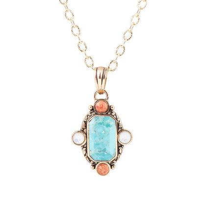 Champs Blue Turquoise and Orange Coral Golden Pendant Necklace - Barse Jewelry