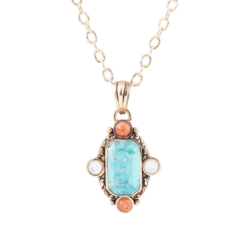 Champs Blue Turquoise and Orange Coral Golden Pendant Necklace - Barse Jewelry