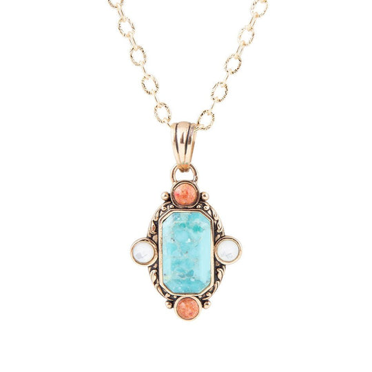 Champs Blue Turquoise and Orange Coral Golden Pendant Necklace