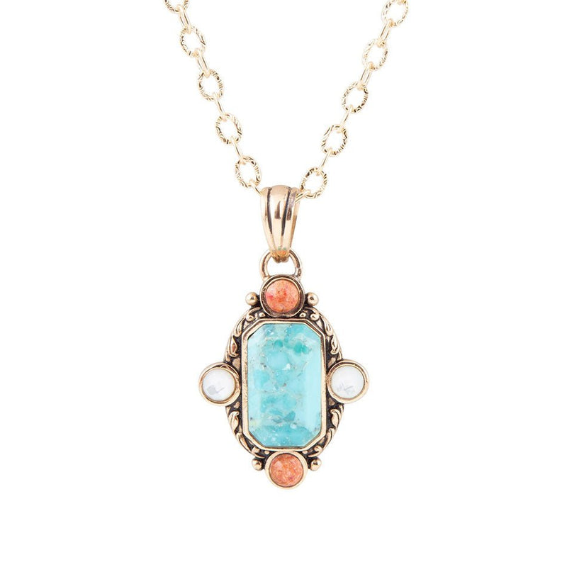 Champs Blue Turquoise and Orange Coral Golden Pendant Necklace - Barse Jewelry