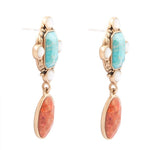Champs Blue Turquoise and Orange Coral Post Drop Golden Earrings - Barse Jewelry