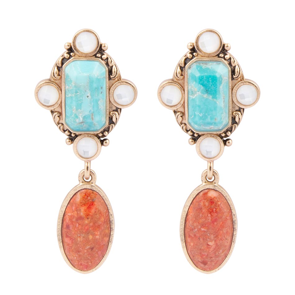 Champs Blue Turquoise and Orange Coral Post Drop Golden Earrings - Barse Jewelry