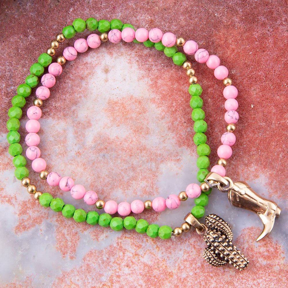Charmed Cactus and Boot Pink Green Jade Bracelet Set - Barse Jewelry